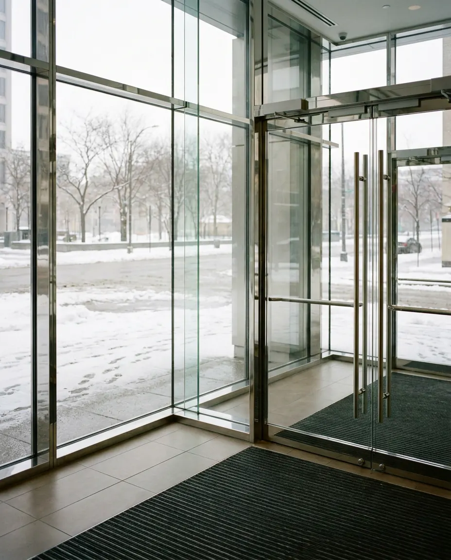 Building entrance in winter with clean walk-off mats and a dry tile floor