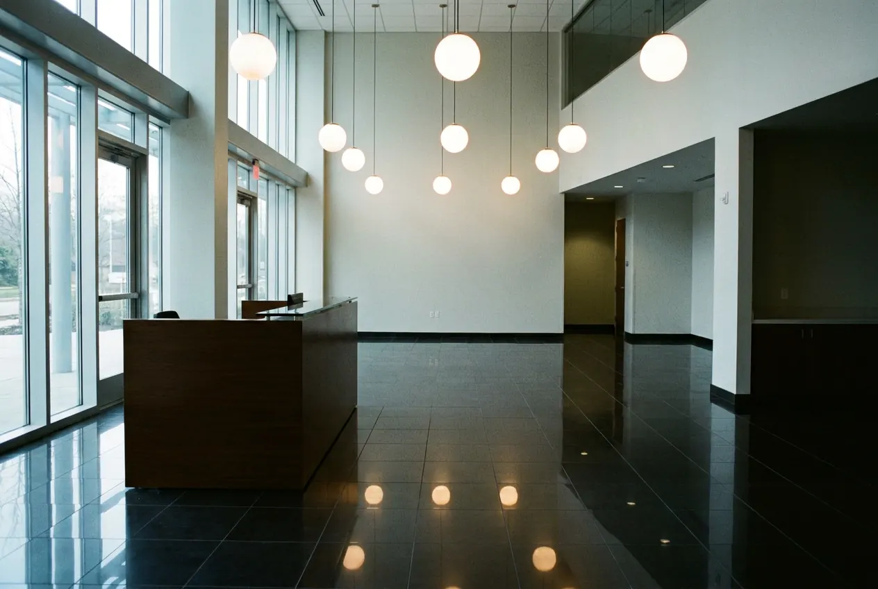 Office lobby with a freshly scrubbed tile floor reflecting the lights
