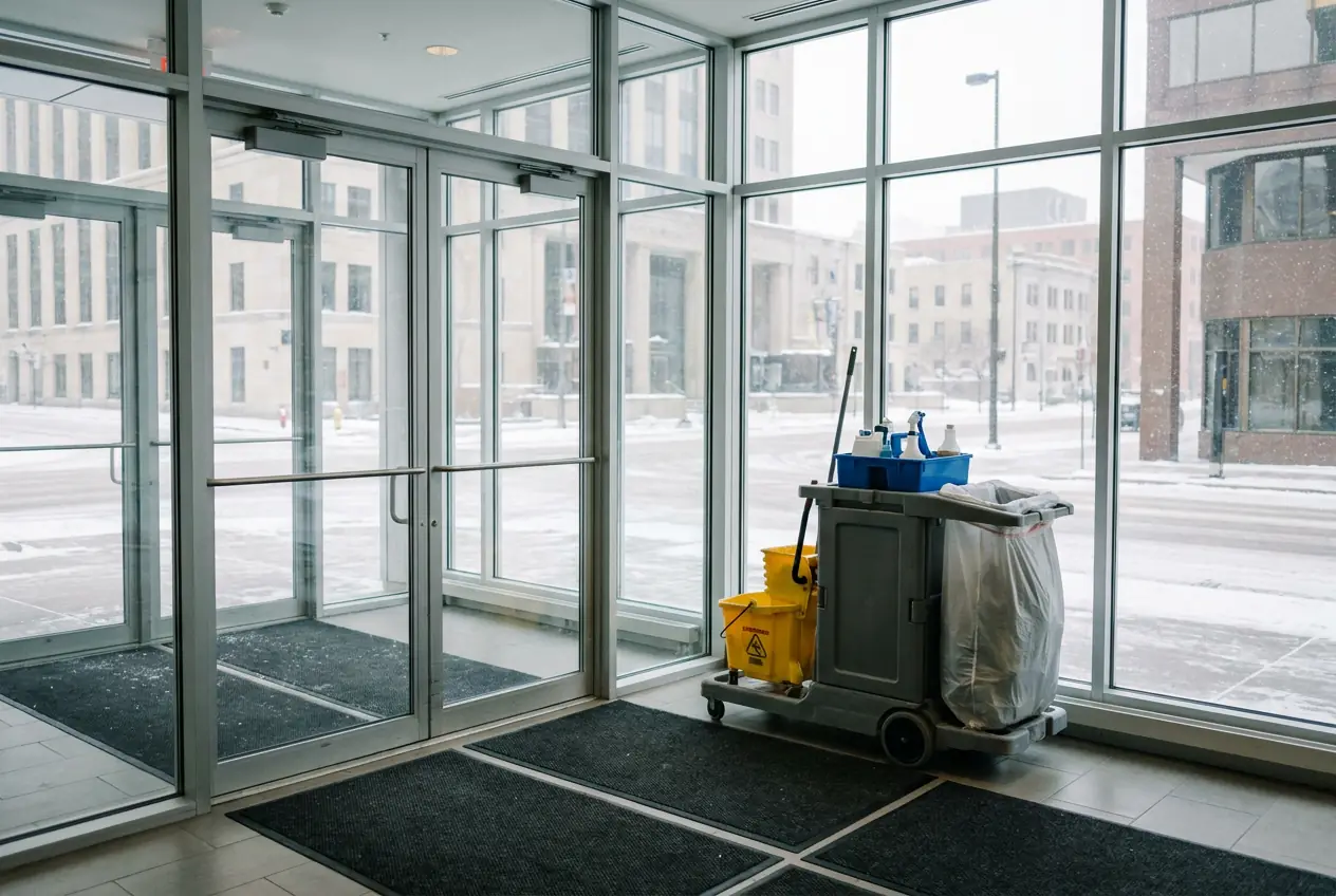 Daytime office lobby in winter with dry mats and a porter cart