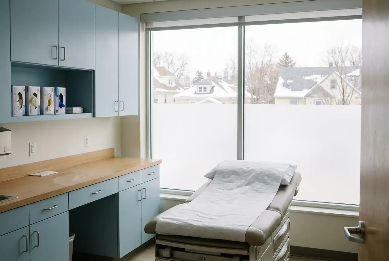 Clean clinic exam room with stocked supplies and wiped counters