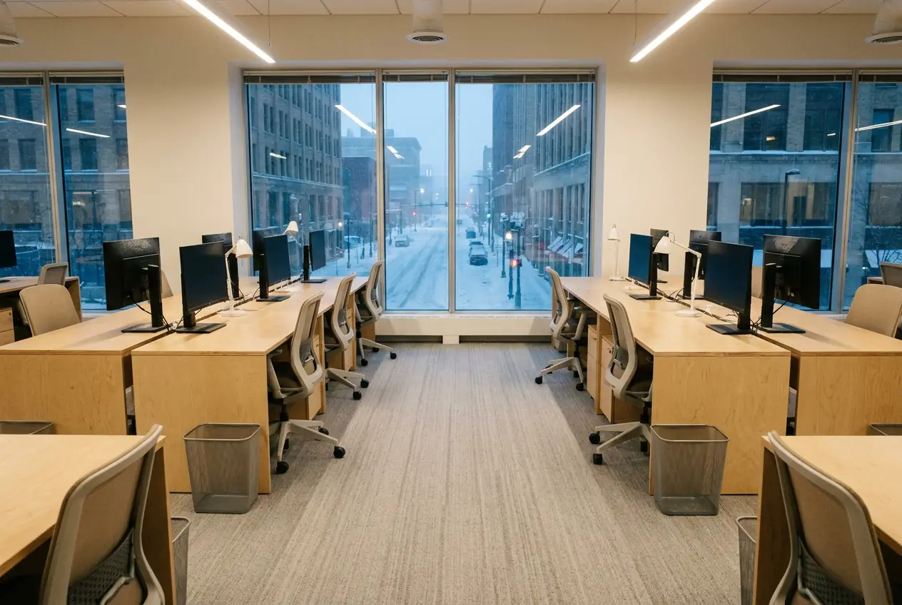 Open office after nightly cleaning with freshly vacuumed carpet